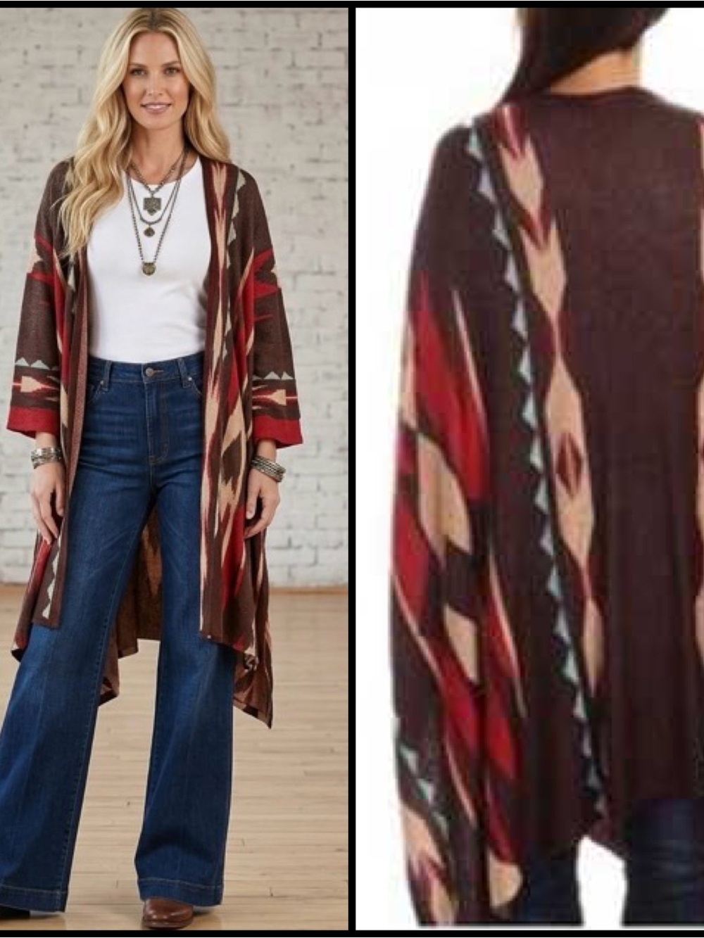 Rancho Estancia Weatern Brown Aztec Knit Open-Front Cardigan Sweater One Size